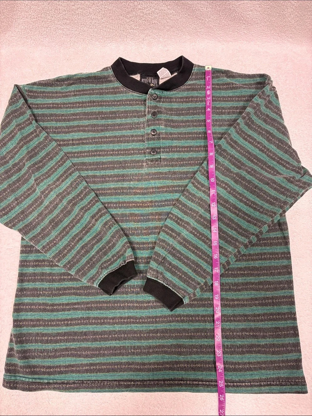 90s Vintage Bugle Boy Grandad Henley L Long Sleeve Stripe Plaid Eclectic med - Picture 3 of 8